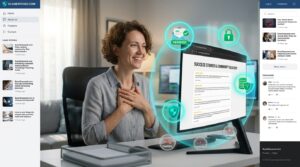A worried user reviewing a suspicious email with digital cybersecurity threat overlays.